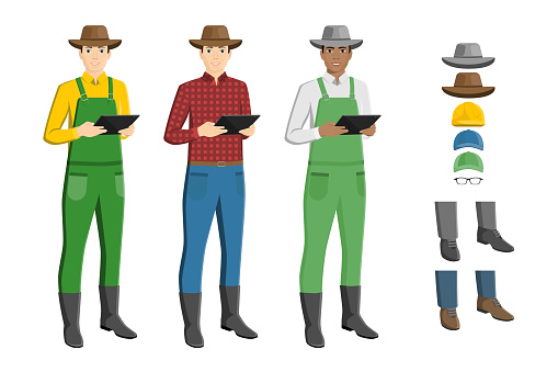 Set of farmers with a tablet computer isolated on white