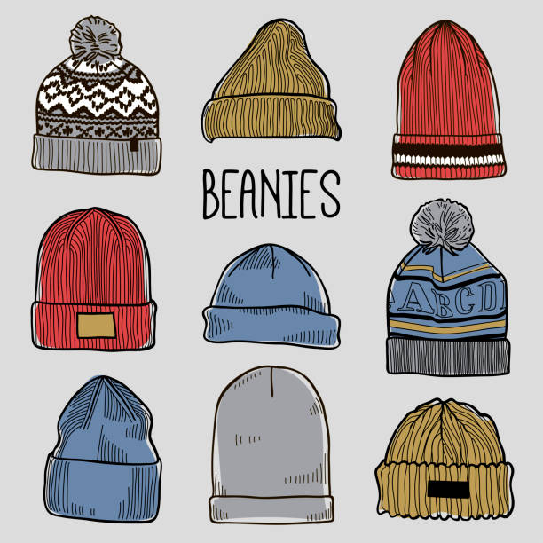 Set of fashion men's caps and hats sketches: baseball caps, snap-back cap, trucker cap, baker boy cap, knitted hats, hats with a pom pom, sports hats, fisherman beanie, bucket hat Colored vector knit hat stock illustrations