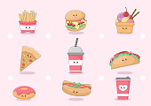 istock Set of Fast food Background Vector Illustration With Foods For Burger, Pizza, Donuts, French Fries, Hot Dog or Cola. Meal Unhealthy And Not Nutritious 1332417170