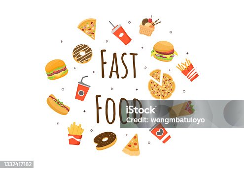 istock Set of Fast food Background Vector Illustration With Foods For Burger, Pizza, Donuts, French Fries, Hot Dog or Cola. Meal Unhealthy And Not Nutritious 1332417182