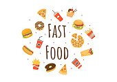 istock Set of Fast food Background Vector Illustration With Foods For Burger, Pizza, Donuts, French Fries, Hot Dog or Cola. Meal Unhealthy And Not Nutritious 1332417182