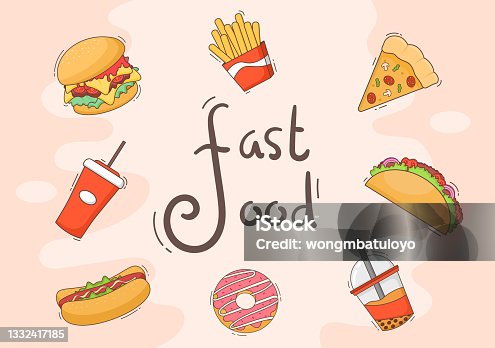 istock Set of Fast food Background Vector Illustration With Foods For Burger, Pizza, Donuts, French Fries, Hot Dog or Cola. Meal Unhealthy And Not Nutritious 1332417185