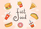 istock Set of Fast food Background Vector Illustration With Foods For Burger, Pizza, Donuts, French Fries, Hot Dog or Cola. Meal Unhealthy And Not Nutritious 1332417185