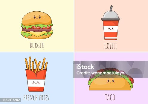 istock Set of Fast food Background Vector Illustration With Foods For Burger, Pizza, Donuts, French Fries, Hot Dog or Cola. Meal Unhealthy And Not Nutritious 1332417202