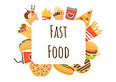 istock Set of Fast food Background Vector Illustration With Foods For Burger, Pizza, Donuts, French Fries, Hot Dog or Cola. Meal Unhealthy And Not Nutritious 1332417208