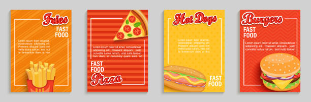 Set of fast food shop flyers,banners. Set of fast food shop flyers,banners.Collection of fries, pizza, hot dog, burger menu pages for caffee, resaurant. Posters, cards for cafeteris truck advertise.Template for design,vector illustration. sandwich backgrounds stock illustrations