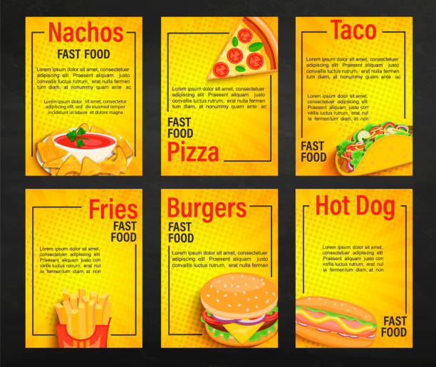 Set of fast food shop menu pages. Set of fast food shop menu pages.Collection of fries,pizza,hot dog,burger,nachos,taco flyers, banners for cafeteris,restaurant.Posters for truck advertise.Template for your design.Vector illustration. sandwich backgrounds stock illustrations