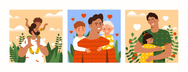 stockillustraties, clipart, cartoons en iconen met set of fathers day scenes with dads taking care of their children outdoors - hugging outside