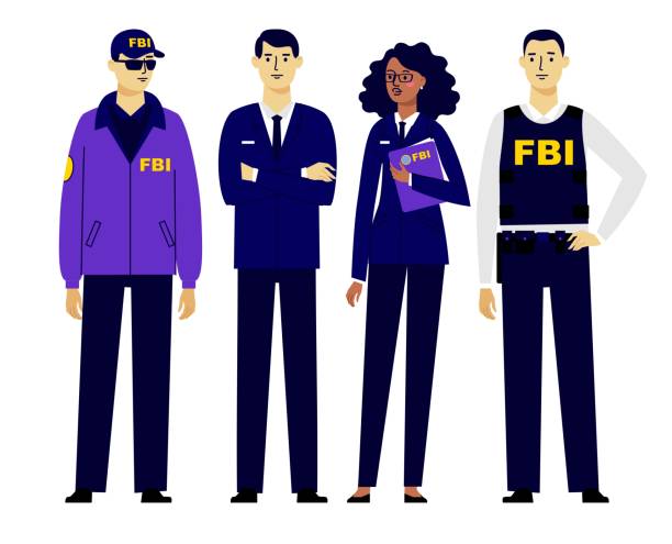 트렌디 한 플랫 스타일의 연방 요원 캐릭터 세트. 경찰, fbi 요원 또는 조사관의 그룹. - fbi stock illustrations
