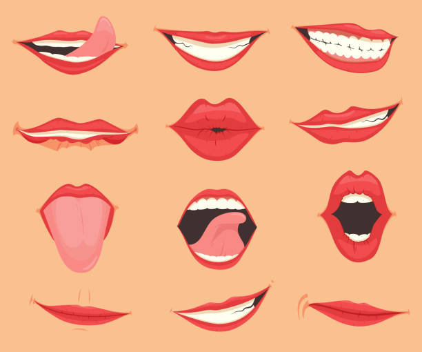 satz von weiblichen lippen mit verschiedenen mund-emotionen und ausdrücken. vektorabbildung - lippen stock-grafiken, -clipart, -cartoons und -symbole