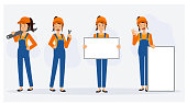 istock Set of female mechanic repairman in various action,holding blank sign, your text here. Flat vector cartoon character. 1371211349
