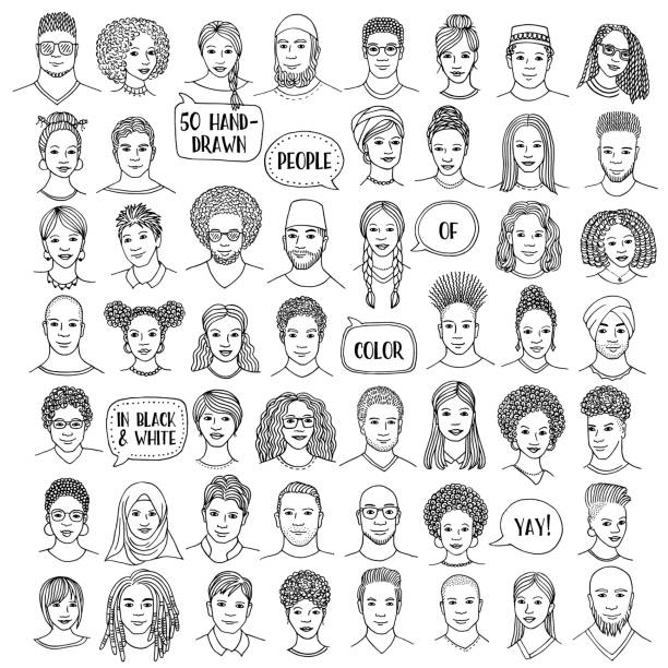 Set of fifty hand drawn diverse faces, people of color Set of fifty hand drawn female faces, diverse portraits of women of different ethnicities, black and white ink illustration avatar drawings stock illustrations