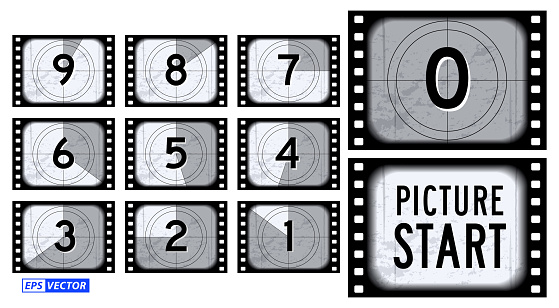 set of film countdown frame isolated or creative counted down numbers vintage style or old retro movie beginnings count concept. eps vector