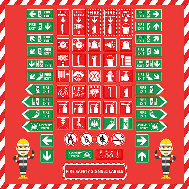 Set of Fire Safety Signs and Labels Set of Fire Safety Signs and Labels with Cute Fire Fighter Cartoon Design fire safety stock illustrations