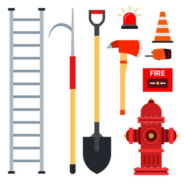 Set of firefighter equipment for fire fighting vector illustration in a flat design. Staircase, hook, shovel, ax, flasher, red alarm button, walkie-talkie, hydrant and traffic signal cone vector flat illustration hook equipment stock illustrations