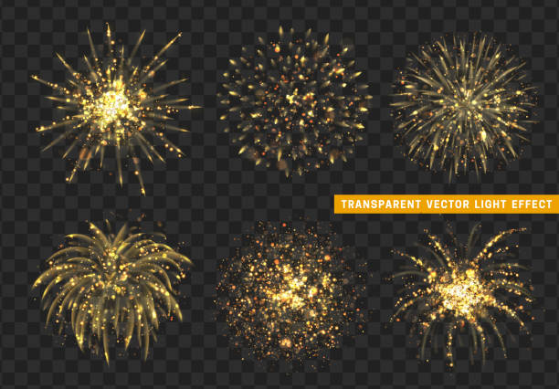 Set of Firework gold isolated. Xmas decoration. Holiday design element. Set of Firework gold isolated. Xmas decoration. Holiday design element. Bright realistic golden firework with transparent background effect. year of the dog stock illustrations