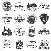 Set of fishing and camping club badge. Vector illustration. Concept for shirt, print, stamp or tee. Vintage typography design with mountain camp and fisher silhouette. Extreme adventure. Summer camp.