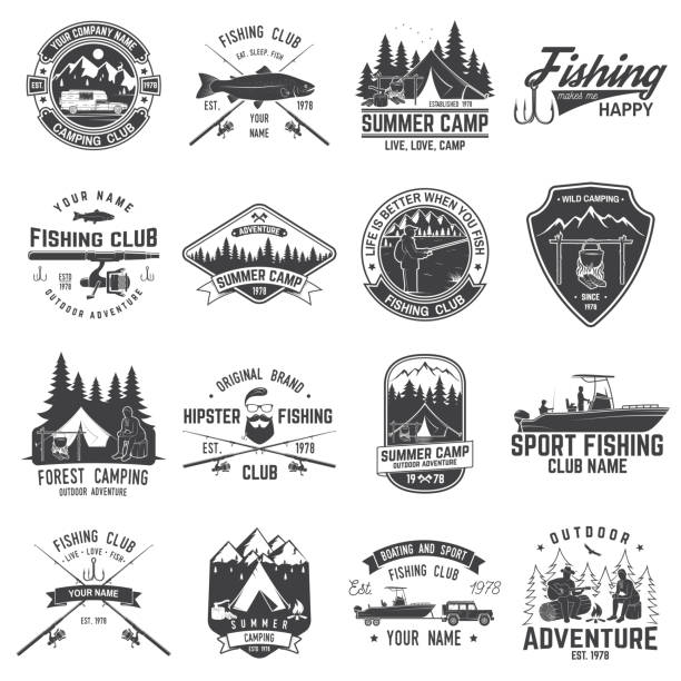 Set of fishing and camping club badge. Vector illustration Set of fishing and camping club badge. Vector illustration. Concept for shirt, print, stamp or tee. Vintage typography design with mountain camp and fisher silhouette. Extreme adventure. Summer camp. river silhouettes stock illustrations