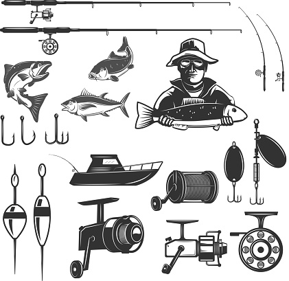 Set of fishing design elements isolated on white background. Images for logo, label, emblem. Vector illustration.