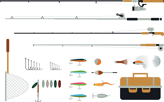 Set of fishing equipment with fishing tackles, lures and hooks.