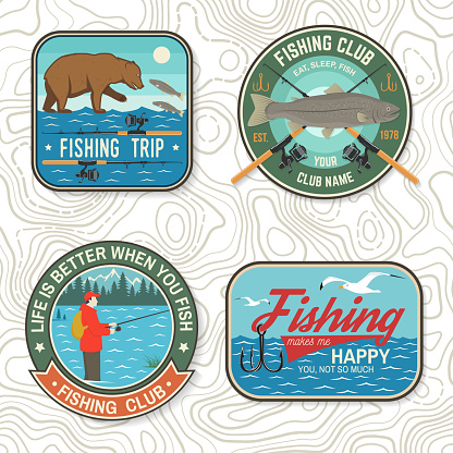 Set of fishing patch. Vector. Concept for shirt or emblem, print, stamp, tee, patch. Vintage typography design with fisher, river, rainbow trout, bear and mountain silhouette.