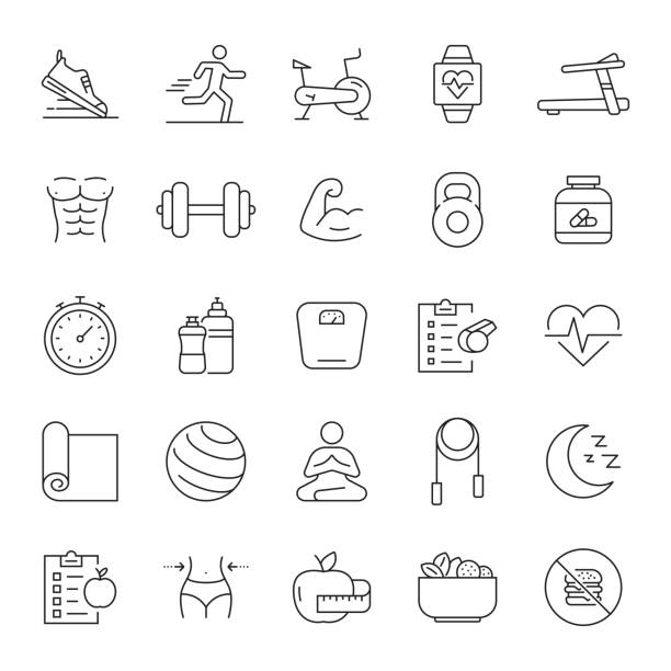 Set von Fitness, Fitness und gesunden Lebensstil Verwandte Linie Icons. Bearbeitbarer Strich. Einfache Gliederung Saum-Symbole.
