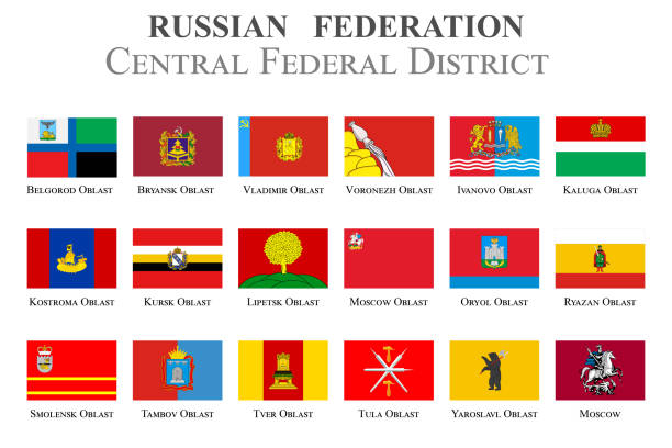 zestaw flag w herbie centralnego okręgu federalnego federacji rosyjskiej - belgorod stock illustrations