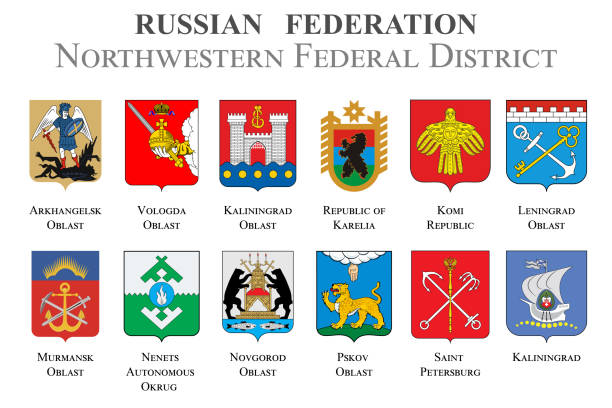Set of flags in the state coat of arms of the Northwestern Federal District of the Russian Federation Set of flags in the state coat of arms of the Northwestern Federal District of the Russian Federation. Vector illustration pskov russia stock illustrations