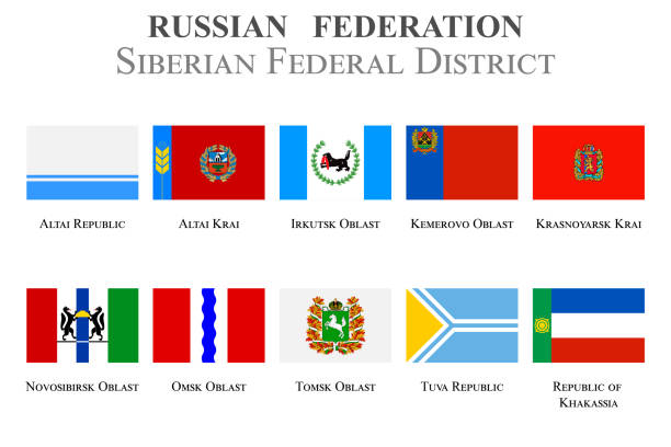 ilustrações de stock, clip art, desenhos animados e ícones de set of flags in the state coat of arms of the siberian federal district of the russian federation - kemerovo