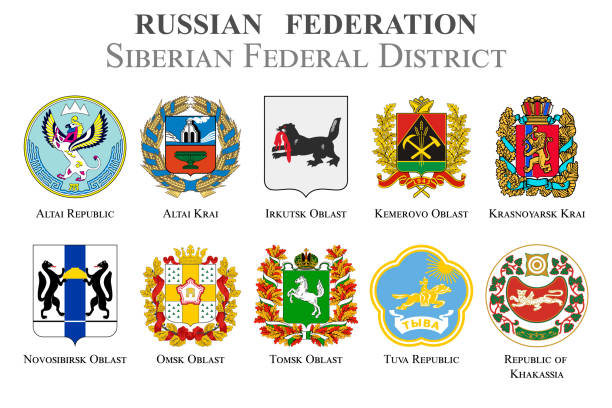 ilustrações de stock, clip art, desenhos animados e ícones de set of flags in the state coat of arms of the siberian federal district of the russian federation - kemerovo