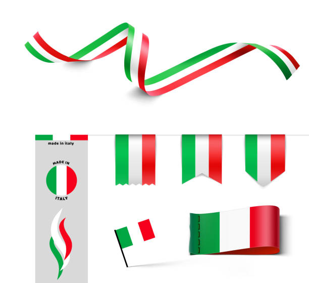 illustrazioni stock, clip art, cartoni animati e icone di tendenza di set di bandiere, nastri, insegne con la bandiera italiana. - made in italy