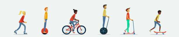 A set of flat design vector illustrations with young men and women rollerblading, riding a mono wheel, hover board, bicycle, rolling on push scooter, skateboarding. A set of flat design vector illustrations with young men and women rollerblading, riding a mono wheel, hover board, bicycle, rolling on push scooter, skateboarding. Summer leisure activity on vehicles hovering stock illustrations