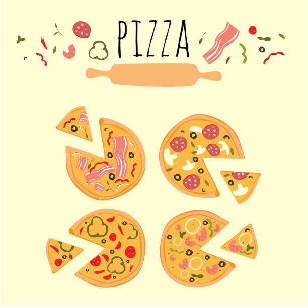 Set of flat icons pizza icons. Top view pizza slice. Italian food traditional cuisine. four pizzas illustration with ingredients margherita stock illustrations