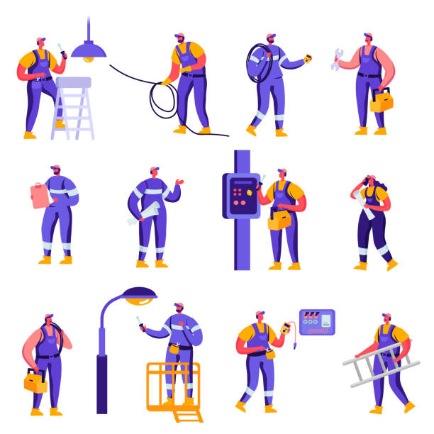 Set of Flat Industry and Smart Home Maintenance Service Workers Characters. Set of Flat Industry and Smart Home Maintenance Service Workers Characters. Cartoon People Engineer Control Pipe, Solar Panel, Manometer, Technician Engineering. Vector Illustration. repairing illustrations stock illustrations