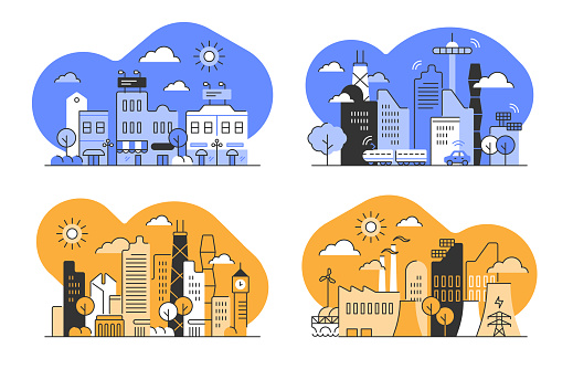 Set of flat monoline illustration of urban skyline with editable stroke