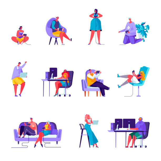 Set of flat people gamers characters. Bundle cartoon people Set of flat people gamers characters. Bundle cartoon people players playing with various devices and poses on white background. Vector illustration in flat modern style. video game illustrations stock illustrations