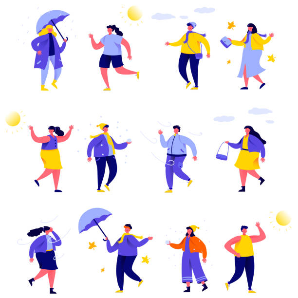 stockillustraties, clipart, cartoons en iconen met set platte mensen verschillende weer karakters - rain woman sun