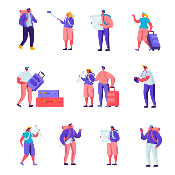 Set of Flat Tourists Traveling Around the World Characters. Set of Flat Tourists Traveling Around the World Characters. Cartoon People Couple with Luggage Watching Map, Making Selfie, Visiting and Photographing. Vector Illustration. selfie clipart stock illustrations