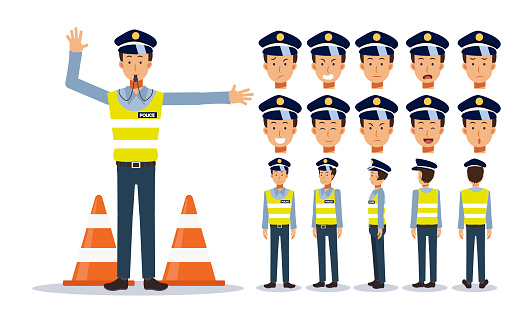 Set of Flat Vector Character illustration, traffic policeman in various views, Cartoon style.