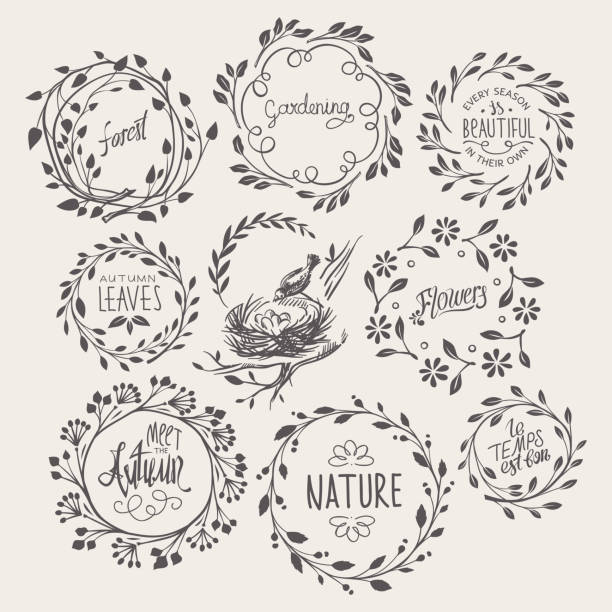 Set of Floral Wreath Vintage hand-drawn wreaths of leafy and floral twigs. growth drawings stock illustrations