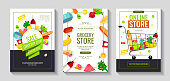 Set of flyers with groceries. Grocery store, Shopping, Supermarket, Fresh food, Home delivery, Ordering, Sale concept. A4 vector illustration for poster, banner, flyer, advertising, promo, commercial.