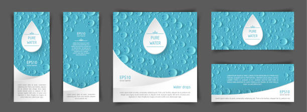 파란색 배경에 현실적인 방울과 전단지의 집합 - 물 stock illustrations