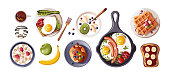 Set of food for  breakfast menu, healthy eating, nutrition, cooking,  fresh food, dessert, diet, pastry, cuisine. Isolated vector illustration for banner, cover, advertising, menu, poster.