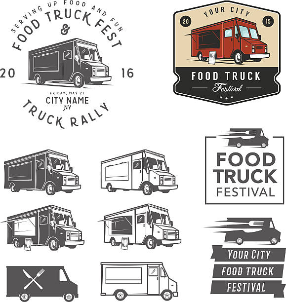 ilustraciones, imágenes clip art, dibujos animados e iconos de stock de conjunto de alimentos de camión festival emblems, señales y elementos de diseño - food truck