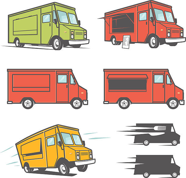 ilustraciones, imágenes clip art, dibujos animados e iconos de stock de conjunto de alimentos de camiones de varios ángulos - food truck