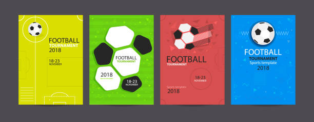 Set of football designs. Collection of bright sports posters. Soccer ball. Tournament, geometric background. soccer patterns stock illustrations
