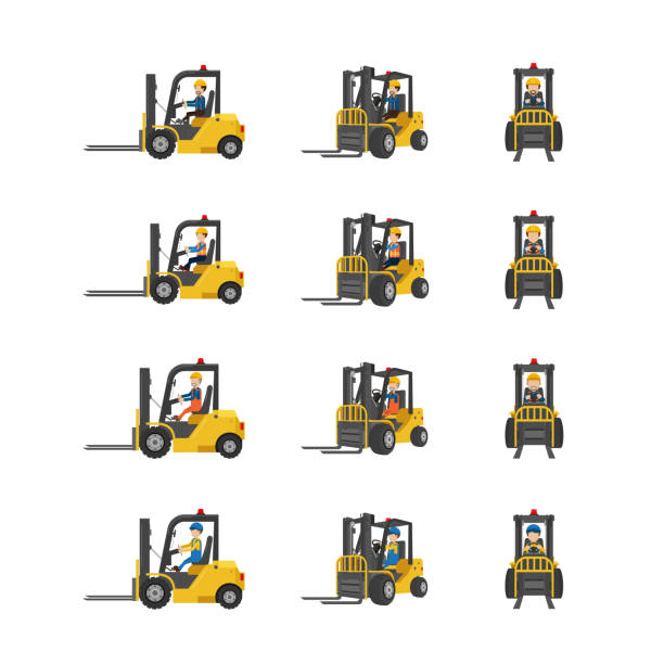 ilustrações de stock, clip art, desenhos animados e ícones de set of forklift trucks with workers - forklift