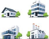 Four vector buildings illustrations in perspective view with green trees in cartoon style. Family house, work office and factory building.