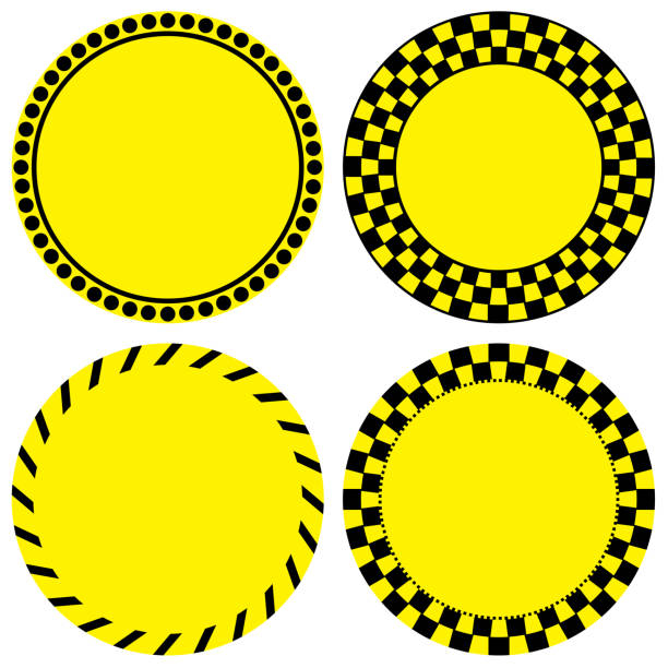 Set of four circular blank vector illustration of caution or notice stickers or labels in black and yellow color scheme Set of four circular blank vector illustration of caution or notice stickers or labels in black and yellow color scheme on an isolated white background checked pattern stock illustrations