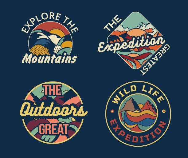Set of four different camping logos or badges Set of four different camping logos or badges for the Mountains, an Expedition, the Great Outdoors and Wildlife, colored vector illustration store patterns stock illustrations